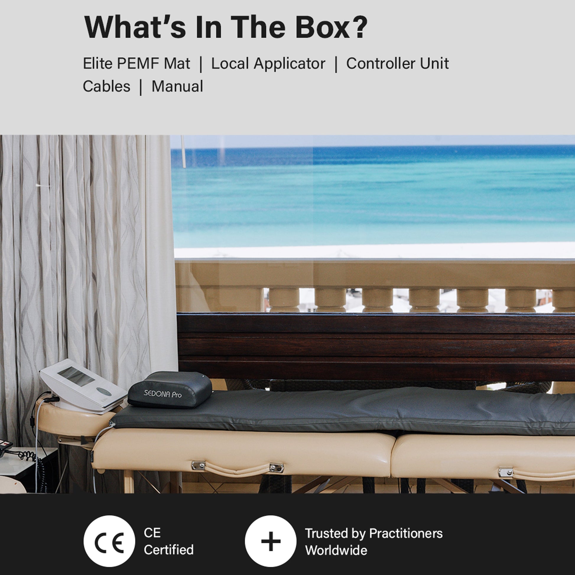 A product information graphic titled 'What's In The Box?' for an Elite PEMF Mat, showing a photo of the mat and related accessories in a treatment room setting with a window view of the ocean. The graphic includes text listing included items and features badges for CE Certified and Trusted by Practitioners Worldwide.