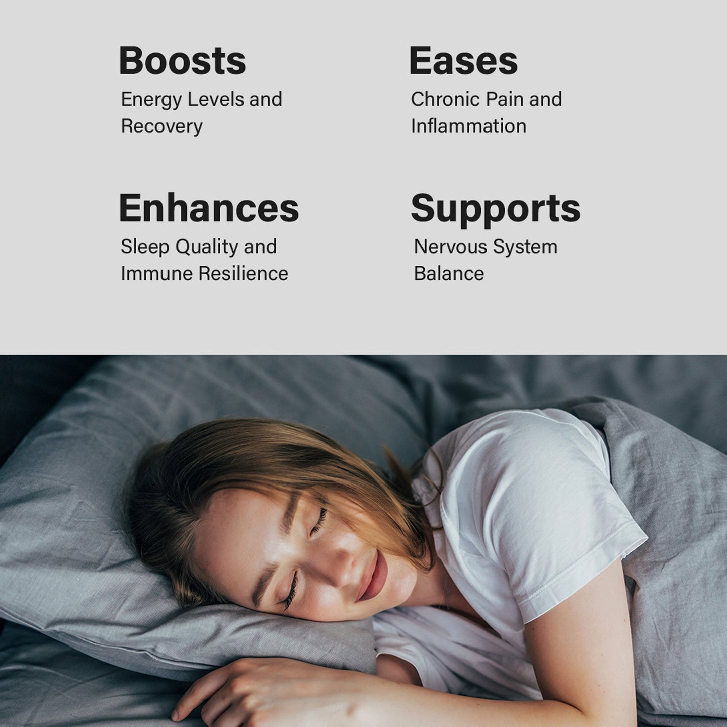 A promotional graphic with a gray upper section containing four black text callouts: 'Boosts Energy Levels and Recovery,' 'Eases Chronic Pain and Inflammation,' 'Enhances Sleep Quality and Immune Resilience,' and 'Supports Nervous System Balance,' plus a small heart-monitor icon. The lower half shows a woman sleeping peacefully on a bed with gray bedding.