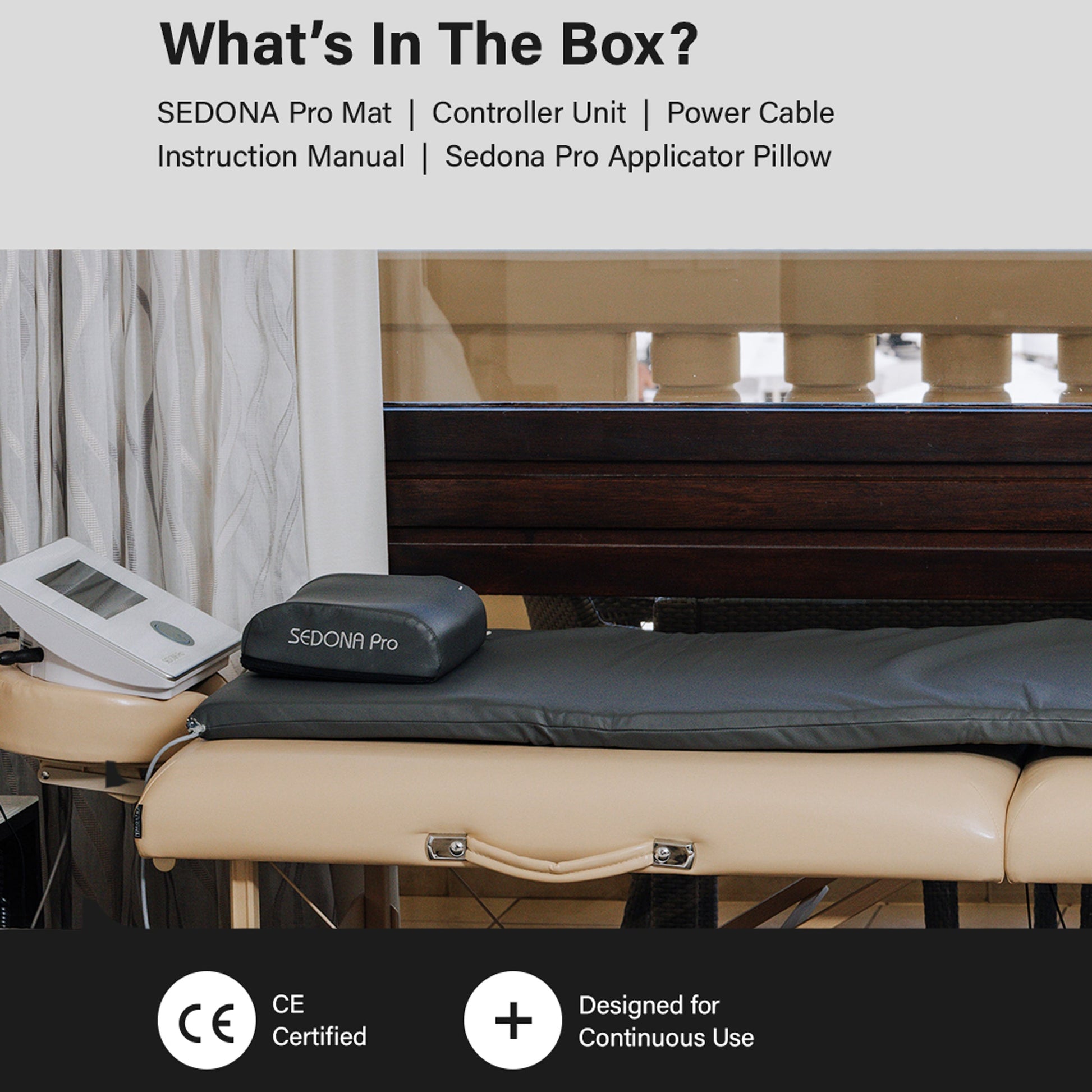 Box contents overview graphic for the SEDONA Pro massage table, showing the included items: a control unit, controller unit, power cable, instruction manual, and a black padded applicator pillow on a beige treatment table. Text reads 'What's In The Box?' with SEDONA branding.