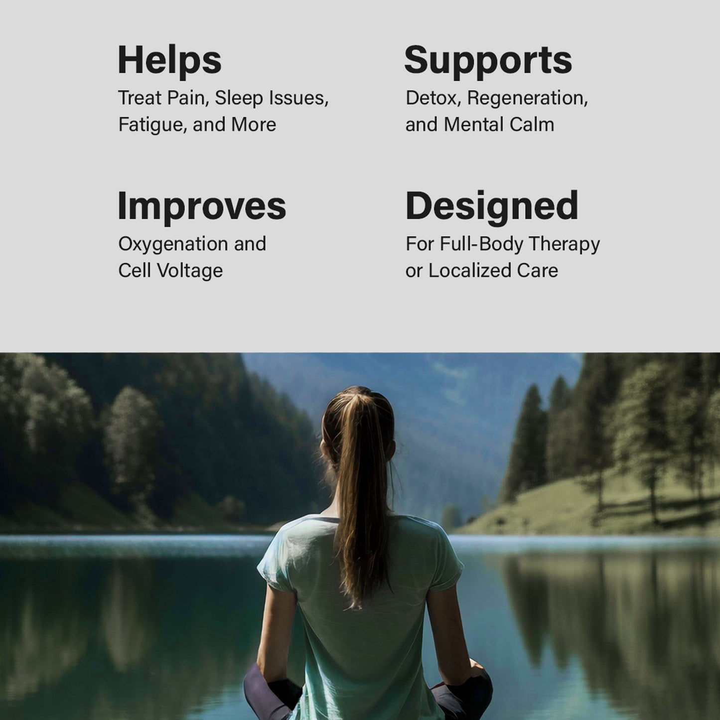Promotional graphic for a PEMF mat featuring a woman lying down on a dark gray SEDONA Pro mat in front of a blurred house background. The graphic includes text reading 'A Feature-Rich PEMF Mat' and 'With Customizable Waveforms and Frequency Ranges.